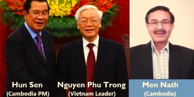 រូបថត៖ លោក ហ៊ុន សែន (Hun Sen) លោក ង្វៀន ភូត្រុង (Nguyen Phu Trong) និង​លោក ម៉ែន ណាត (Men Nath)។