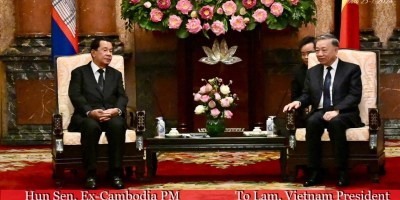 លោក ហ៊ុន សែន ប្រធានព្រឹទ្ធសភាកម្ពុជា និង​លោក តូ ឡឹម ប្រមុខរដ្ឋវៀតណាម។ រូបថត ២៥ ខែកក្កដា ២០២៤។