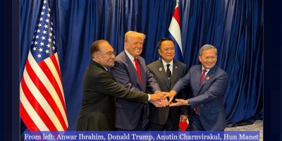Photo (from left): Anwar Ibrahim (Malaysia), Donald Trump (USA), Anutin Charnvirakul (Thailand) and Hun Manet (Cambodia).